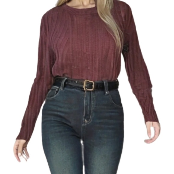 Babaton Cropped Burgundy Wool Ribbed Knit Sweater Size S - Picture 2 of 6